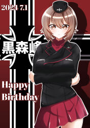Rule 34 | 1girl, absurdres, black hat, black jacket, brown eyes, brown hair, closed mouth, cowboy shot, crossed arms, dated, dress shirt, emblem, english text, garrison cap, girls und panzer, happy birthday, hat, highres, ho seppen, insignia, jacket, kuromorimine (emblem), kuromorimine military uniform, long sleeves, looking at viewer, military hat, military uniform, miniskirt, nishizumi maho, pleated skirt, red shirt, red skirt, shadow, shirt, short hair, skirt, smile, solo, standing, wing collar