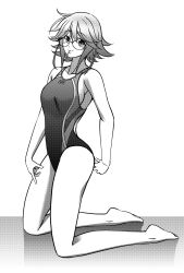 1girl ahoge bare_shoulders blue_one-piece_swimsuit breasts chaos;child collarbone competition_swimsuit eibon glasses highleg highleg_one-piece_swimsuit highres kazuki_hana kneeling large_breasts light_blush lollipop_in_mouth looking_at_viewer narrow_waist one-piece_swimsuit short_hair short_hair_with_long_locks sideboob smile solo swimsuit thick_thighs thighs white_background