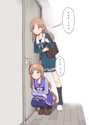 Rule 34 | ..., 2girls, anglediana, animal ears, bag, bang dream!, bang dream! it&#039;s mygo!!!!!, black socks, blue pants, blue shirt, blue skirt, blush, brown bag, brown footwear, brown hair, chinese commentary, closed mouth, color connection, commentary request, crossover, door, grass wonder (umamusume), grey neckerchief, hair color connection, hairstyle connection, highres, horse ears, horse girl, horse tail, kneehighs, listening, loafers, long hair, long sleeves, multiple girls, nagasaki soyo, neckerchief, pants, pleated skirt, purple serafuku, purple skirt, revision, school uniform, serafuku, shirt, shoes, shoulder bag, sidelocks, skirt, slippers, socks, spoken ellipsis, squatting, tail, tracen school uniform, trait connection, tsukinomori school uniform, umamusume, white footwear