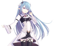 1girl black_skirt black_thighhighs blue_hair blunt_bangs breasts commentary_request cowboy_shot frilled_sleeves frills garter_straps hair_ornament hair_over_one_eye highres long_hair long_sleeves looking_at_viewer original pleated_skirt pointy_ears purple_eyes riuichi skirt small_breasts solo thighhighs very_long_hair white_background wide_sleeves