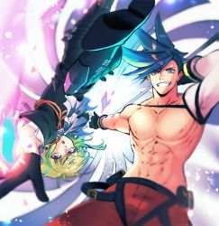 2boys bae_(baebae) black_gloves black_jacket blue_fire blue_hair blurry depth_of_field detached_sleeves earrings fire galo_thymos gloves green_hair grin half_gloves heart highres jacket jewelry lio_fotia male_focus matoi multiple_boys muscular muscular_male nipples promare purple_eyes purple_fire pyrokinesis short_hair single_detached_sleeve smile spiked_hair spiral topless_male