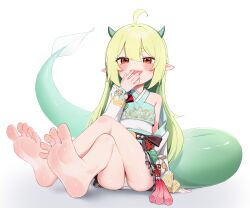 1girl absurdres ahoge arm_support barefoot blush commission crossed_legs feet foot_focus full_body green_hair green_horns green_tail highres horns legs long_hair long_sleeves looking_at_viewer open_mouth original panties pantyshot pointy_ears red_eyes second-party_source simple_background single_bare_shoulder sitting smile soles solo tail underwear white_background white_panties whonyang