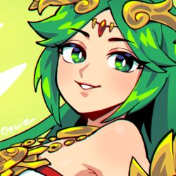1girl 333_(dqqqdle) chain diadem gold_chain green_eyes green_hair kid_icarus kid_icarus_uprising looking_at_viewer lowres nintendo palutena parted_lips signature solo upper_body