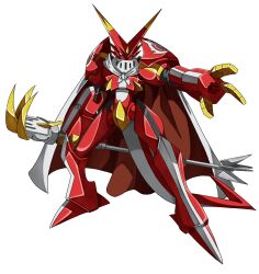 Rule 34 | armor, blue eyes, cape, digimon, digimon (creature), highres, holding, holding microphone, holding staff, looking at viewer, microphone, omegashoutmon, oridigi, red armor, solo, someguy944, staff, tail
