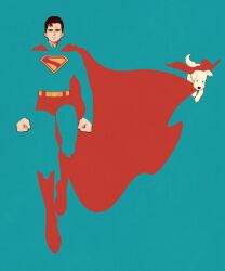 Rule 34 | 1boy, belt, black hair, blending, blue background, blue bodysuit, bodysuit, boots, cape, dog, highres, krypto the superdog, long sleeves, male focus, red boots, red cape, short hair, simple background, superhero costume, superman, superman (2025), superman logo, syooooyoooo, yellow belt