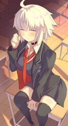 1girl ahoge black_jacket black_thighhighs blue_sweater blush breasts chair choker collared_shirt desk fate/grand_order fate_(series) grey_hair grey_skirt highres jacket jeanne_d&#039;arc_alter_(fate) large_breasts long_sleeves looking_at_viewer necktie school_desk school_uniform shirt short_hair sitting skirt solo sweater thighhighs umi_endu white_shirt yellow_eyes