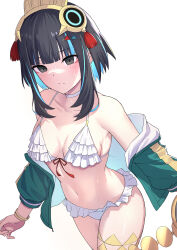 1girl absurdres bare_shoulders bikini black_hair blue_hair bracelet breasts choker colored_inner_hair eyeliner fate/grand_order fate_(series) frilled_bikini frills green_jacket grey_eyes headdress highres jacket jewelry long_sleeves looking_at_viewer makeup multicolored_hair natu_zame navel off_shoulder short_hair sidelocks small_breasts solo swimsuit tassel tenochtitlan_(fate) tenochtitlan_(first_ascension)_(fate) tenochtitlan_(swimsuit_mooncancer)_(fate) tenochtitlan_(swimsuit_mooncancer)_(first_ascension)_(fate) thighlet thighs