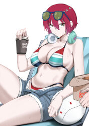 1girl 1other amate_yuzuriha bikini breasts chair cleavage cliov commentary cup disposable_coffee_cup disposable_cup english_commentary eyewear_on_head feet_out_of_frame green-tinted_eyewear green_eyes grey_shorts gundam gundam_gquuuuuux hair_between_eyes haro headphones headphones_around_neck highres holding holding_cup large_breasts lounge_chair mixed-language_commentary navel open_fly red_hair short_hair shorts simple_background solo string_bikini striped_bikini striped_clothes sunglasses swimsuit tinted_eyewear white_background