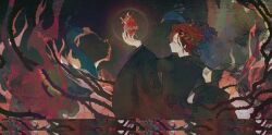 1boy back bird closed_eyes coat curly_hair dagger dante_alighieri_(fate) dante_alighieri_(third_ascension)_(fate) fate/grand_order fate_(series) fire floating_crown from_behind guiyuchen21490 heart_(organ) highres knife laurel_crown long_sleeves male_focus medium_hair off_shoulder plant red_hair robe solo thorns upper_body vines weapon