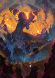 absurdres animal_focus commentary dragon english_commentary giant giant_monster glowing glowing_eyes highres horns nebula no_humans ondrejhrdina orbital_ring original planet scenery signature solo space yellow_eyes