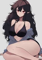 1girl arm_support ass black_bra black_shorts blue_jacket blush bra breasts brown_hair cleavage closed_mouth double-parted_bangs expressionless feet_out_of_frame grey_background hair_between_eyes highres jacket large_breasts legs long_hair long_pointy_ears long_sleeves looking_at_viewer micro_shorts off_shoulder original pointy_ears red_eyes rohioart shade shorts simple_background sitting sleeves_past_wrists solo thighs underwear very_long_hair yokozuwari