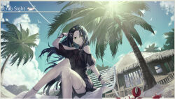 1girl beach beach_chair beach_house black_hair closed_mouth clothing_cutout cloud commentary crab earrings english_text fingernails hand_in_own_hair highres hoop_earrings jewelry long_hair looking_at_viewer original outdoors palm_tree shoulder_cutout simple_bird sitting solo tena_(tenor_07209) tree