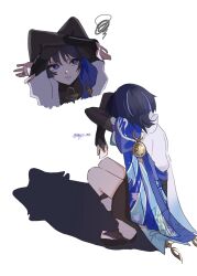 Rule 34 | 1boy, animal print, armor, arms up, bird print, black bridal gauntlets, black hair, black leggings, black sandals, black shorts, blue cape, blue sleeves, blunt ends, bridal gauntlets, bright pupils, cape, cat shadow puppet (meme), clenched teeth, eyeliner, eyeshadow, full body, genshin impact, gold ring, highres, japanese armor, japanese clothes, kimono, kote, kurokote, layered sleeves, leg warmers, leggings, looking up, makeup, male focus, meme, meppe me, middle ring, multiple views, open hands, purple eyes, red eyeliner, red eyeshadow, sandals, scaramouche (genshin impact), shadow, short sleeves, shorts, solo, squatting, squiggle, stirrup legwear, teeth, toeless legwear, twitter username, wanderer (genshin impact), white background, white kimono, white leg warmers, white pupils, white sleeves, white trim, wispy bangs, zouri