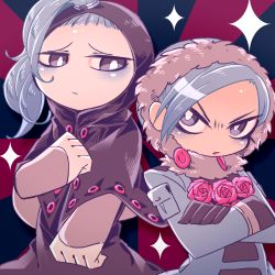 2boys blackmore blue_hair doctor_ferdinand dr._ferdinand flower hood jojo_no_kimyou_na_bouken lowres multiple_boys rose sizma sparkle steel_ball_run