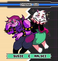 1boy 1girl acenth armlet black_nails black_pants bracelet character_name closed_eyes colored_skin commentary deltarune english_commentary english_text eyelashes facing_viewer freckles furry furry_female furry_male goat hands_up horns jewelry long_hair pants pink_eyes pink_horns pink_scarf ralsei scarf sharp_teeth smile sonic_(series) sonic_advance_(series) sonic_advance_3 spiked_armlet spiked_bracelet spikes standing sunglasses susie_(dark_world)_(deltarune) susie_(deltarune) teeth