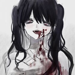 1girl akai_ringo_(eveyuno) black_hair blood blood_on_face crazy_smile highres licking_lips looking_at_viewer original shirt smile tongue tongue_out twintails white_shirt