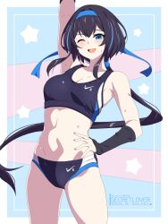 1girl ;d arm_up arm_warmers black_arm_warmers black_buruma black_hair black_sports_bra blue_eyes blue_headband blush breasts buruma cleavage cowboy_shot groin hair_intakes hand_on_own_hip headband highres long_hair low_ponytail medium_breasts multicolored_hair navel one_eye_closed open_mouth original ponytail sebunsu smile solo sports_bra standing streaked_hair sweatdrop twitter_username very_long_hair