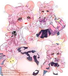 1girl animal_ears animal_print ass back bag blush breasts chibi closed_mouth commission english_text full_body highres holding holding_bag huge_ass junior_(namatamemisa) large_breasts midriff mouse_ears multiple_views open_mouth original panties pink_hair purple_skirt shirt skeb_commission skirt smile solo teeth thick_thighs thighs underwear upper_teeth_only white_panties white_shirt