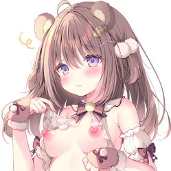 1girl ahoge animal_ears arm_bow armband blush bow bowtie breasts breasts_apart brown_hair closed_mouth commentary_request embarrassed fake_animal_ears frilled_armband frills grey_bow grey_bowtie hair_between_eyes hair_ornament huge_nipples lingerie long_bangs long_hair medium_breasts no_bra original purple_eyes raised_inner_eyebrows revealing_clothes simple_background solo underwear warm_colored watagashi_yui wavy_mouth white_armband white_background wristband x_hair_ornament