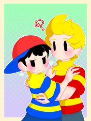 2boys black_hair blonde_hair blush child elementary_schoolboy embarrassed hug lucas_(mother_3) mother_(series) mother_2 mother_3 mrsksigure multiple_boys ness_(mother_2) nintendo shota super_smash_bros. sweat sweatdrop yaoi