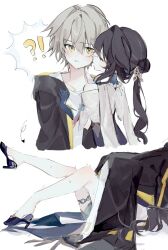 !? 1boy 1girl black_hair boy_on_top caelus_(honkai:_star_rail) grey_hair high_heels highres honkai:_star_rail honkai_(series) kiss kissing_cheek long_hair multicolored_hair ruan_mei_(honkai:_star_rail) sh_senni streaked_hair trailblazer_(honkai:_star_rail) yellow_eyes
