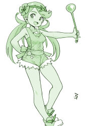 1girl :d breasts commentary_request flower full_body green_theme hair_flower hair_ornament hand_on_own_hip headband holding holding_ladle ladle long_hair looking_at_viewer mallow_(pokemon) monochrome nintendo open_mouth overall_shorts overalls pokemon pokemon_sm ponsuke_(pon00000) shoes smile sneakers solo swept_bangs teeth twintails upper_teeth_only