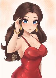 1girl blue_eyes bracelet breasts brown_hair cleavage donkey_kong_(series) dress earrings gold_bracelet gold_earrings highres jewelry large_breasts long_hair looking_at_viewer luci_(purrlucii) mario_(series) nintendo pauline_(mario) red_dress smile solo super_mario_odyssey taut_clothes taut_dress upper_body