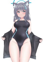absurdres animal_ear_fluff animal_ears black_one-piece_swimsuit blue_archive blue_eyes breasts commentary competition_swimsuit covered_navel cross_hair_ornament extra_ears grey_hair hair_ornament halo highres jacket kyureizi looking_at_viewer medium_breasts medium_hair mismatched_pupils multicolored_swimsuit official_alternate_costume one-piece_swimsuit open_clothes open_jacket shiroko_(blue_archive) shiroko_(swimsuit)_(blue_archive) simple_background swimsuit white_background wolf_ears