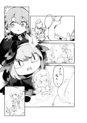 &lt;|&gt;_&lt;|&gt; 2girls absurdres backpack bag blue_archive feathered_wings hair_between_eyes held_up hifumi_(blue_archive) highres holding holding_phone koharu_(blue_archive) maton_3110 multiple_girls peroro_(blue_archive) phone slit_pupils squatting squinting stuffed_animal stuffed_toy sweatdrop triangle_mouth wings