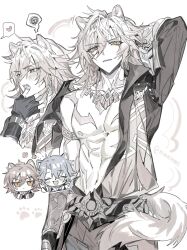 2boys absurdres animal_ears arm_behind_head arm_tattoo black_coat black_gloves braid chest_tattoo chibi clawed_gauntlets closed_eyes coat commentary_request dog_boy dog_ears dog_tail earrings facial_tattoo fingerless_gloves gloves greyscale hair_between_eyes hand_up heart highres honkai:_star_rail honkai_(series) jewelry male_focus medium_hair monochrome multiple_boys mydei_(honkai:_star_rail) necklace nienieeel open_clothes open_coat phainon_(honkai:_star_rail) side_braid simple_background spoken_heart spoken_squiggle spot_color squiggle tail tattoo white_background white_hair yaoi yellow_eyes