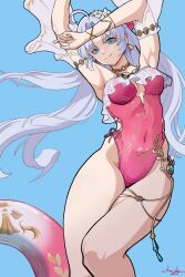 1girl adversarial_noise ahoge armpits arms_up blue_eyes breasts carlotta_(splashing_summer)_(wuthering_waves) carlotta_(wuthering_waves) casual_one-piece_swimsuit chucky_(chucky1000sun) closed_mouth collarbone commentary covered_navel earrings grey_hair highleg highleg_one-piece_swimsuit highres jewelry long_hair looking_at_viewer medium_breasts official_alternate_costume one-piece_swimsuit parted_bangs pink_one-piece_swimsuit signature smile solo swim_ring swimsuit thighs wuthering_waves