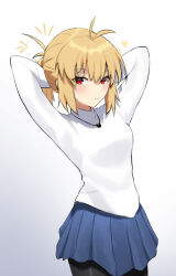 Rule 34 | 1girl, absurdres, adjusting hair, arcueid brunestud, black pantyhose, blonde hair, blue skirt, breasts, coti neko, cowboy shot, highres, jewelry, miniskirt, pantyhose, pendant, pleated skirt, red eyes, shirt, simple background, skirt, solo, tsukihime, tsukihime (remake), white background, white shirt