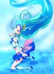 1girl blue_eyes blue_hair boots butt_crack cure_mermaid female_focus go!_princess_precure high_heel_boots high_heels kaidou_minami kneeling long_hair looking_back magical_girl makacoon matching_hair/eyes midriff multicolored_hair precure purple_hair solo two-tone_hair very_long_hair
