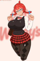 Rule 34 | 1girl, argyle clothes, argyle pantyhose, bag, black pantyhose, black sweater, blue bow, blurry, blurry background, bow, bowtie, breasts, closed eyes, closed mouth, collared shirt, facing viewer, frilled skirt, frills, hair bow, highres, large breasts, nisetanaka, pantyhose, plaid clothes, plaid skirt, red bow, red skirt, school uniform, semi-rimless eyewear, shirt, shoulder bag, skirt, smile, solo, sweater, thighs, twintails, wendy&#039;s, wendy (wendy&#039;s), white shirt, wide hips