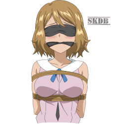 1girl arms_behind_back bdsm blindfold blue_ribbon blush bondage bound breasts brown_hair cloth_gag collarbone commentary gag gagged improvised_gag medium_hair neck_ribbon nintendo pokemon pokemon_(anime) pokemon_xy_(anime) ribbon serena_(pokemon) shibari shirt sleeveless sleeveless_shirt solo sukaru0408 sweat upper_body white_background