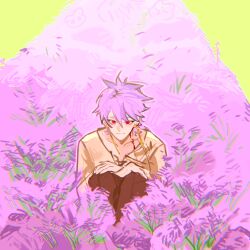Rule 34 | 1boy, absurdres, brown pants, brown shirt, chinese commentary, closed mouth, commentary request, earrings, flower, hair between eyes, hands on own knees, highres, jewelry, male focus, npcccc, outdoors, pants, purple flower, purple hair, red eyes, saibou shinkyoku, shirt, short hair, sitting, smile, solo, theodore riddle
