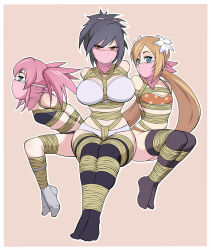 00s 3girls arms_behind_back bdsm black_hair black_legwear blue_eyes blush bondage bound bound_legs bra breast_bondage breasts brown_eyes brown_hair cloth_gag crotch_rope flat_chest flower fujibayashi_sheena full-face_blush gag gagged hair_flower hair_ornament hair_ribbon highres improvised_gag jam-orbital large_breasts long_hair low_ponytail marta_lualdi multiple_girls over_the_nose_gag panties pink_hair ponytail presea_combatir ribbon rope shibari sitting socks tales_of_(series) tales_of_symphonia tales_of_symphonia:_dawn_of_the_new_world tape tape_gag thighhighs training_bra twintails underwear underwear_only