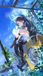 Rule 34 | 1girl, absurdres, apron, aris (blue archive), aris (maid) (blue archive), black dress, black hair, black shoes, black thighhighs, blue archive, blue eyes, blue halo, closed mouth, commentary, dress, dressing, geez, halo, highres, holding, holding legwear, holding unworn clothes, looking at viewer, maid, maid apron, maid headdress, official alternate costume, official alternate hairstyle, ponytail, shoe dangle, shoes, single shoe, sitting, smile, solo, thighhighs, unworn thighhighs, washing machine, white apron