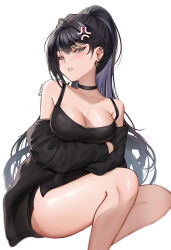 ahoge anger_vein angry black_choker black_dress black_hair black_sweater breasts choker cleavage clenched_teeth colored_inner_hair cowboy_shot disgust dress glaring high_ponytail highres large_breasts multicolored_hair original ponytail purple_hair scowl signature sweater teeth thighs v-shaped_eyebrows wonnikon