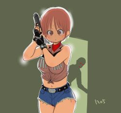 1girl artist_request belt breasts brown_eyes brown_hair closed_mouth cutoffs denim denim_shorts fingerless_gloves gloves gun handgun holding holding_gun holding_weapon looking_at_viewer midriff navel rebecca_chambers resident_evil resident_evil_0 short_hair shorts sweat watch weapon zombie