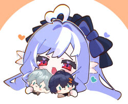 1girl belle_(zenless_zone_zero) blue_hair character_doll chibi commentary_request doll flapping_ears grey_hair happy heart highres hugging_doll hugging_object open_mouth purple_hair red_eyes simple_background user_ghma7852 vivian_banshee white_background wise_(zenless_zone_zero) zenless_zone_zero