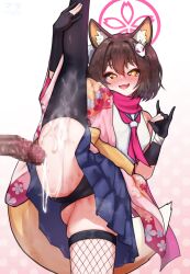 1boy 1girl animal_ear_fluff animal_ears black_gloves black_panties black_thighhighs blue_archive blue_skirt blush breasts brown_hair cameltoe commentary commission cum cum_on_body cum_on_legs disembodied_penis fishnet_thighhighs fishnets fox_ears fox_girl fox_hair_ornament fox_shadow_puppet fox_tail gloves halo hetero highres izuna_(blue_archive) japanese_clothes kimono kneepits large_variant_set long_sleeves looking_at_viewer matsumaramara miniskirt mismatched_thighhighs neckerchief open_mouth paid_reward_available panties partially_fingerless_gloves penis pink_halo pink_kimono pink_neckerchief pink_scarf pixiv_commission pleated_skirt scarf shirt skindentation skirt small_breasts solo_focus split standing standing_on_one_leg standing_split tail thighhighs underwear variant_set white_shirt wide_sleeves yellow_eyes