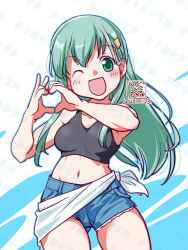 1girl alternate_costume artist_logo blue_shorts breasts casual cowboy_shot cutoffs dated denim denim_shorts green_eyes green_hair grey_sports_bra hair_ornament hairclip heart heart_hands kantai_collection kutone_shirika logo medium_breasts midriff one_eye_closed open_mouth sarong shorts smile solo sports_bra suzuya_(kancolle) white_sarong