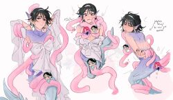 2girls alien_stage arms_behind_back black_hair black_nails blush bound bound_arms censored commentary dress earrings english_commentary english_text fins hairband head_fins heart highres jewelry mermaid mizi_(alien_stage) monster_girl multiple_girls multiple_views pearl_earrings purple_eyes purple_scales saliva scales short_hair sua_(alien_stage) tentacle_sex tentacles the_quipper tongue tongue_out white_dress white_hairband yuri