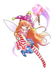 american_flag american_flag_dress american_flag_legwear american_flag_print arm_up clownpiece commentary_request dairi double-parted_bangs fairy_wings flag_print floating_hair full_body half-closed_eyes hat highres holding holding_torch jester_cap long_hair looking_at_viewer motion_blur no_shoes orange_hair outstretched_arm pantyhose parted_lips pink_eyes polka_dot_headwear purple_hat short_sleeves simple_background tachi-e torch touhou transparent_background very_long_hair wavy_hair wings
