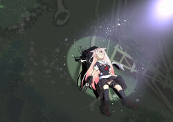 1girl adapted_turret black_ribbon black_serafuku black_socks blonde_hair breasts closed_eyes gradient_hair hair_flaps hair_ornament hair_ribbon hairclip highres kantai_collection long_hair lying medium_breasts multicolored_hair neckerchief on_back pink_hair red_neckerchief ribbon rigging scarf school_uniform serafuku short_sleeves socks solo tsun&#039;ichi_(tsun1) underwater very_long_hair white_scarf yuudachi_(kancolle) yuudachi_kai_ni_(kancolle)