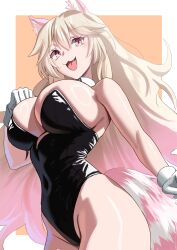 1girl animal_ears bare_shoulders black_leotard blonde_hair blush breasts cat_ears cat_girl covered_navel detached_collar enun gloves gradient_hair highleg highleg_leotard highres large_breasts leotard long_hair looking_at_viewer multicolored_hair open_mouth original pink_eyes pink_hair playboy_bunny smile solo strapless strapless_leotard tail white_gloves