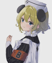 1girl animal_ears apron armband black_dress blonde_hair blue_eyes closed_mouth commentary_request di_gi_charat dress hand_up hat highres long_sleeves looking_at_viewer medium_hair nurse_cap panda_ears piyoko red_armband simple_background smile solo striped_clothes striped_dress tanakalma upper_body vertical-striped_clothes vertical-striped_dress white_apron white_background white_hat