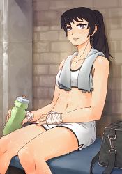 1girl abs bag black_hair blush bottle breasts drawfag duffel_bag female_focus hand_wraps ishido_natsuo long_hair midriff mixed_martial_arts navel orz_(orz57) ponytail shorts sitting small_breasts smile solo sports_bra sweat teppu towel towel_around_neck water_bottle wrist_wrap