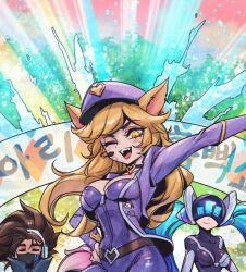 1boy 2girls :d ;d ahri_(league_of_legends) belt black_belt blonde_hair blush breasts brown_hair closed_eyes dj_sona facing_viewer green_hair headphones headset heart heart_print helmet jacket large_breasts league_of_legends looking_at_viewer mask mouth_mask multicolored_background multiple_girls official_alternate_costume one_eye_closed open_clothes open_jacket open_mouth phantom_ix_row pink_headwear pink_jacket popstar_ahri smile sona_(league_of_legends) teeth tongue translation_request true_damage_yasuo twintails upper_teeth_only yasuo_(league_of_legends)